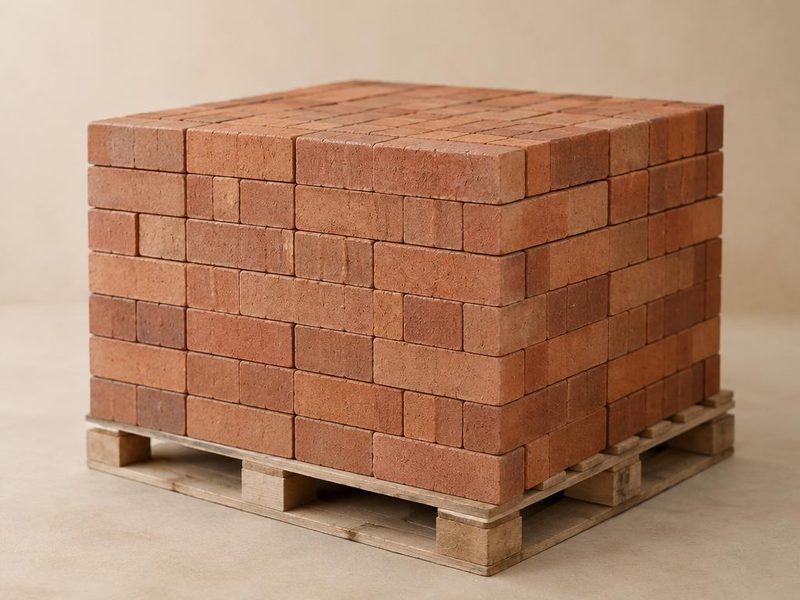 Stacked pallet of common clay building bricks