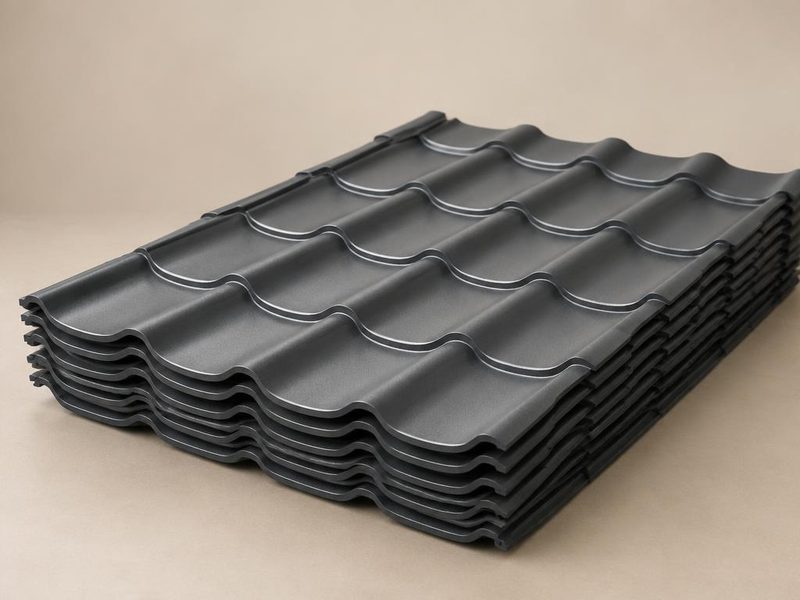 Stack of charcoal steel roof tile sheets